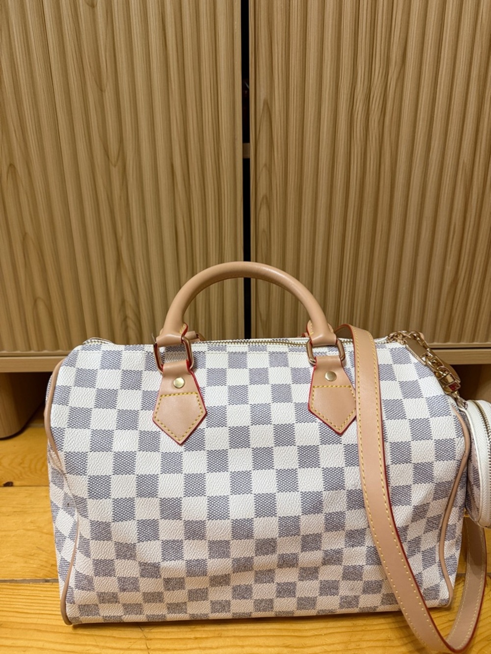 Checkerboard Satchel Handbag in Light Gray and White with Tan Accents